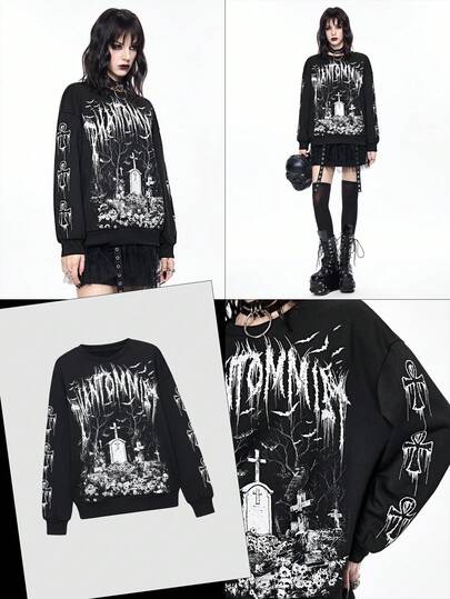 Gothic Cross & Tombstone Print Pullover Sweatshirt Sweatshirt, Dark Horror Vibe