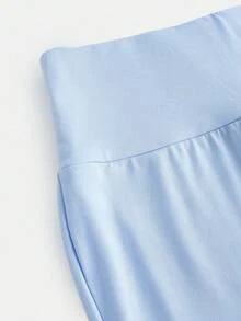 SHEIN 少女休闲蓝色褶皱长袖修身针织上衣和喇叭裤两件套，居家户外旅行装机场装 - 淺藍色 - 查看 5