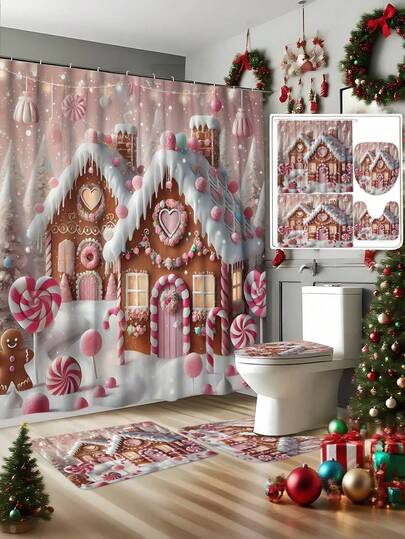 1/4 Pcs Christmas Winter Gingerbread Candy Cane Shower Curtain And Mat Set, Waterproof Shower Curtain (With 12 Hooks), Non-Slip Bathroom Rug, U-Shaped Toilet Mat, Toilet Lid Cover, Bathroom Decor, Bathroom Curtain Set