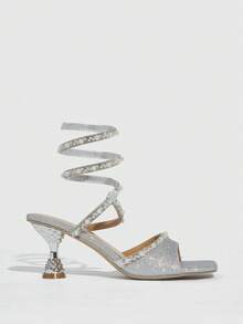 CUCCOO SZL Women's Faux Pearl Decor Shiny Lace-Up High Heel Sandals - Silver - View 5