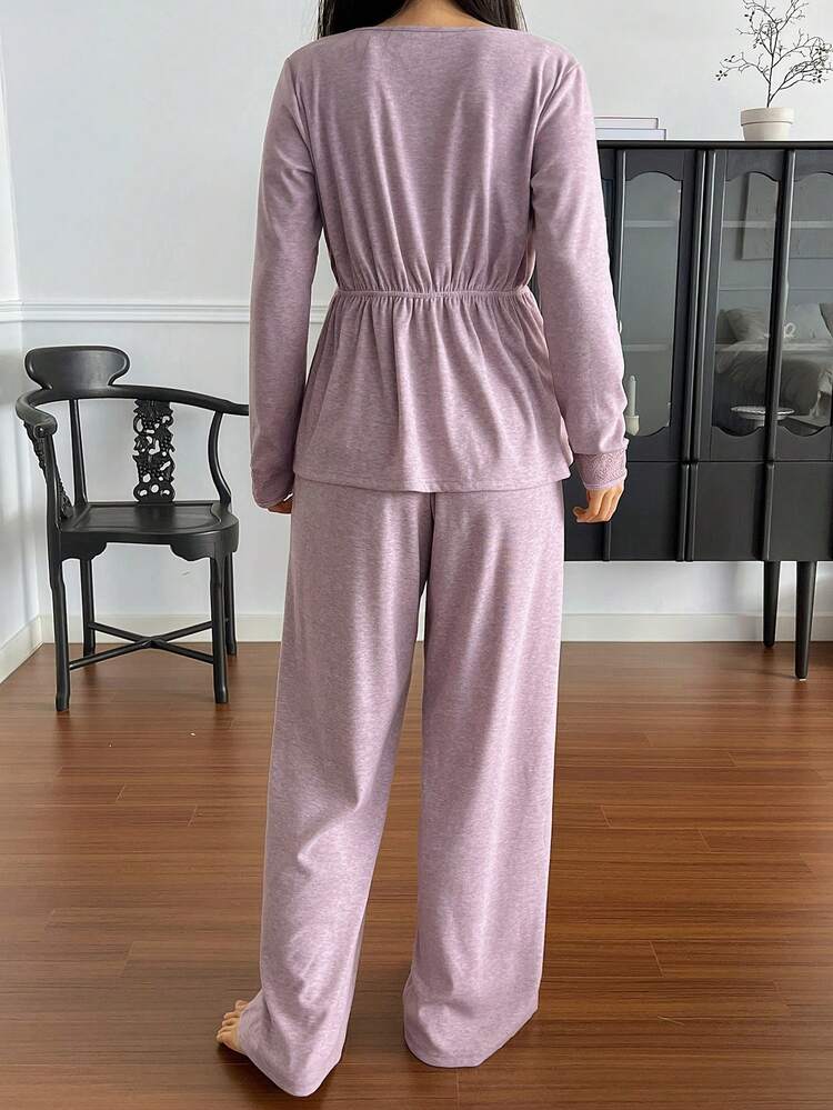 Comfortable Knit Lace Trim Waist Decor Women Pajama Set