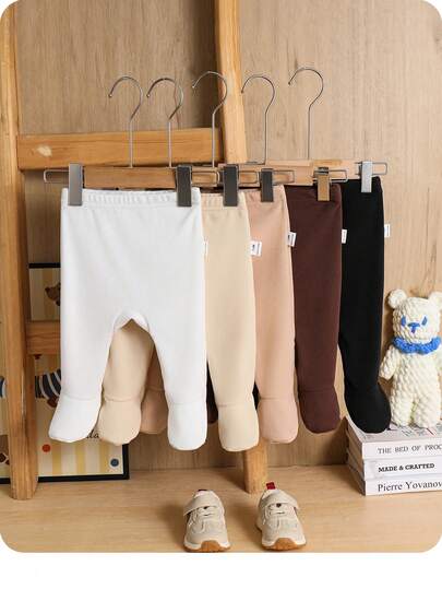 SHEIN 5pcs/Pack Newborn Baby Boy/Girl Casual Cute Versatile Solid Color Elastic Knit Leggings