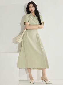 Heiryn 女士优雅通勤纯色褶裥下摆中长连衣裙 - 淡紫色 - 查看 4