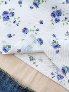 Tween Girl White Floral Knit Solid Ruched Bust Sweet Girl's School Casual Shoulder T-Shirt, Suitable For Back-To-School, Cute, Holiday Family Outdoor Fall Picnic, Everyday Wear - White - View 5