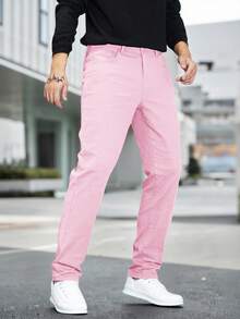 Manfinity Homme 大码男士纯色休闲牛仔裤，带口袋 - 粉色 - 查看 3