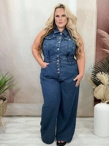 Hourglow Dollyholly86 Plus Size Casual Washed Sleeveless Wide Leg Denim Jumpsuit, For Hourglass Body Shape - Blue - View 4