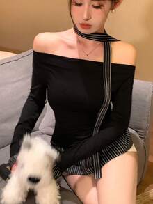 DAZY 女款條紋綁帶荷葉邊下擺長袖 2 合 1 露肩外出上衣 - 黑色 - 查看 4