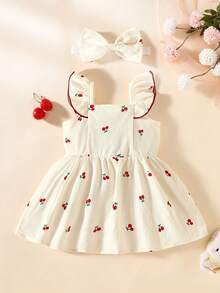 SHEIN 2件套女婴/幼儿可爱水彩花卉印花无袖连衣裙和发带套装，夏季