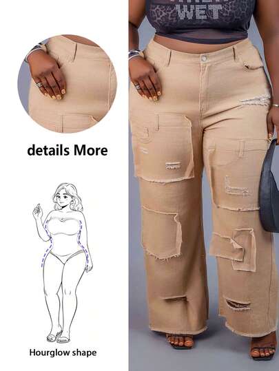 CurvyTilda Plus Size Women's Fashion Distressed Loose Fit Jeans Casual Street Patchwork Pocket Loose Wide Leg Jeans Women Jeans Baggy Loose Jeans