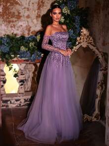 Glamrae 优雅奢华仿珍珠亮片露肩透视长袖镂空贴花超大A字网纱连衣裙，腰部系带可调节，适合约会、婚礼、正式场合、情人节等场合。 - 淺灰紫 - 查看 6