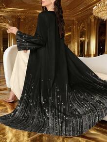 SHEIN Najma Women's Shiny Textured Striped Pattern Digital Print Casual Open Front Long Sleeve Cardigan, Spring/Autumn Abayas - Multicolor - View 2