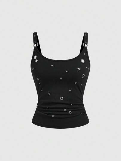 Grunge Punk Camiseta sin mangas de escote bajo y cuello redondo de estilo sexy negro para mujeres, estilo rock y metal de festival de música