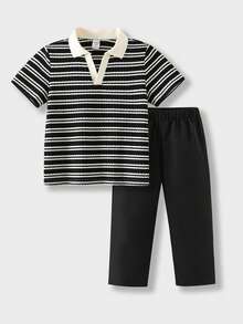 2pcs Kids Boys Casual Ribbed Collar Short Sleeve Knit T-Shirt And Solid Color Woven Pants Set, Suitable For School, Garden, Beach, Birthday, Spring, Summer, Fall, Winter - Multicolor - View 2