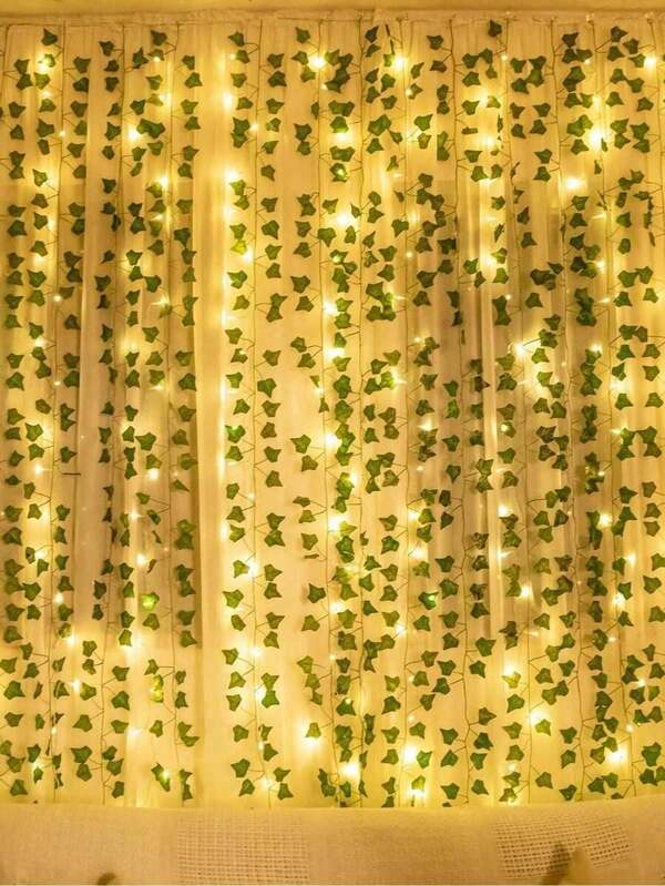 1pc 2M Artificial Ivy Leaf Plants With LED Light String, AA Battery Box Powered Green Vine Garland Chandelier For Wall Party Wedding Room Home Kitchen Indoor Outdoor Holiday Decoration (Batteries Not Included)
