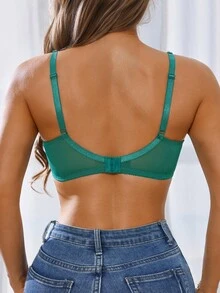 SHEIN 1件浪漫法式花卉蕾丝钢圈加厚可调节肩带文胸（女士款） - 綠色 - 查看 2