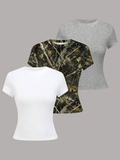 SHEIN LUNE Women's Solid Color Minimalist Daily Wear Round Neck Short Sleeve T-Shirt