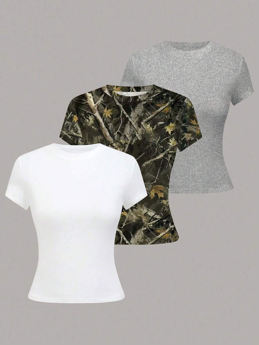 SHEIN LUNE Áo thun nữ tay ngắn cổ tròn màu trơn tối giản, thích hợp mặc hàng ngày. - Nhiều màu - Xem 1