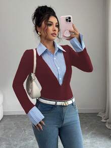 SHEIN Unity 女款優雅拼接條紋收腰長袖上衣 - 酒紅色 - 查看 6