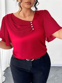 Elenzga Plus Size Asymmetrical Ruffle Collar Button Decor Short Sleeve Elegant Blouse - Red - View 4