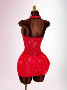 Amplova Gaun Mini Pesta Tanpa Lengan Model Halter Warna Merah Terang dengan Hiasan Berlian Imitasi dan Pinggang yang Diikat, Gaun Pesta Transparan Berkerut, Gaya Musim Panas 70-an untuk Pesta Malam di Klub, Gaun Pesta Berkilau untuk Tamu Pernikahan - Merah - View 8