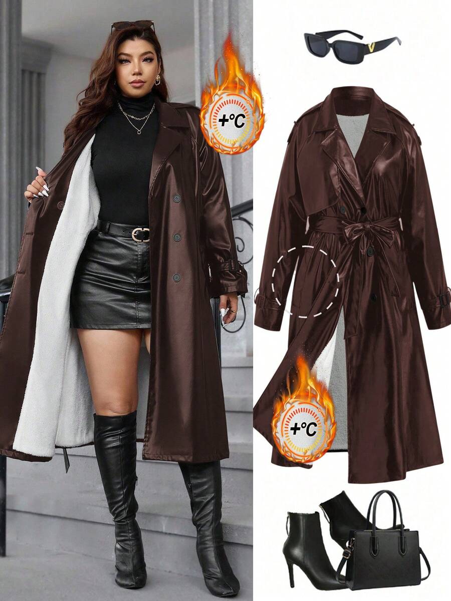 Gownix Plus Size Solid Color Lapel Double-Breasted Fashionable Versatile Warm Winter Jacket - Brown - View 1
