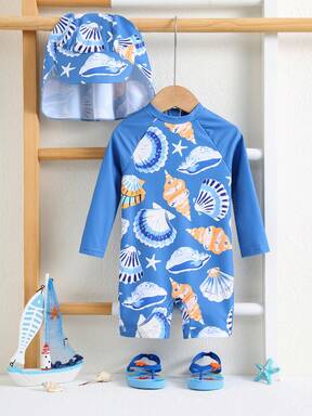 SHEIN Conjunto de 2 piezas de bañador unisex para bebé con diseño de conchas y mariscos en colores contrastantes, que incluye camiseta de protección solar de manga larga y gorro, adecuado para vacaciones, playa, surf, ropa de baño para bebé