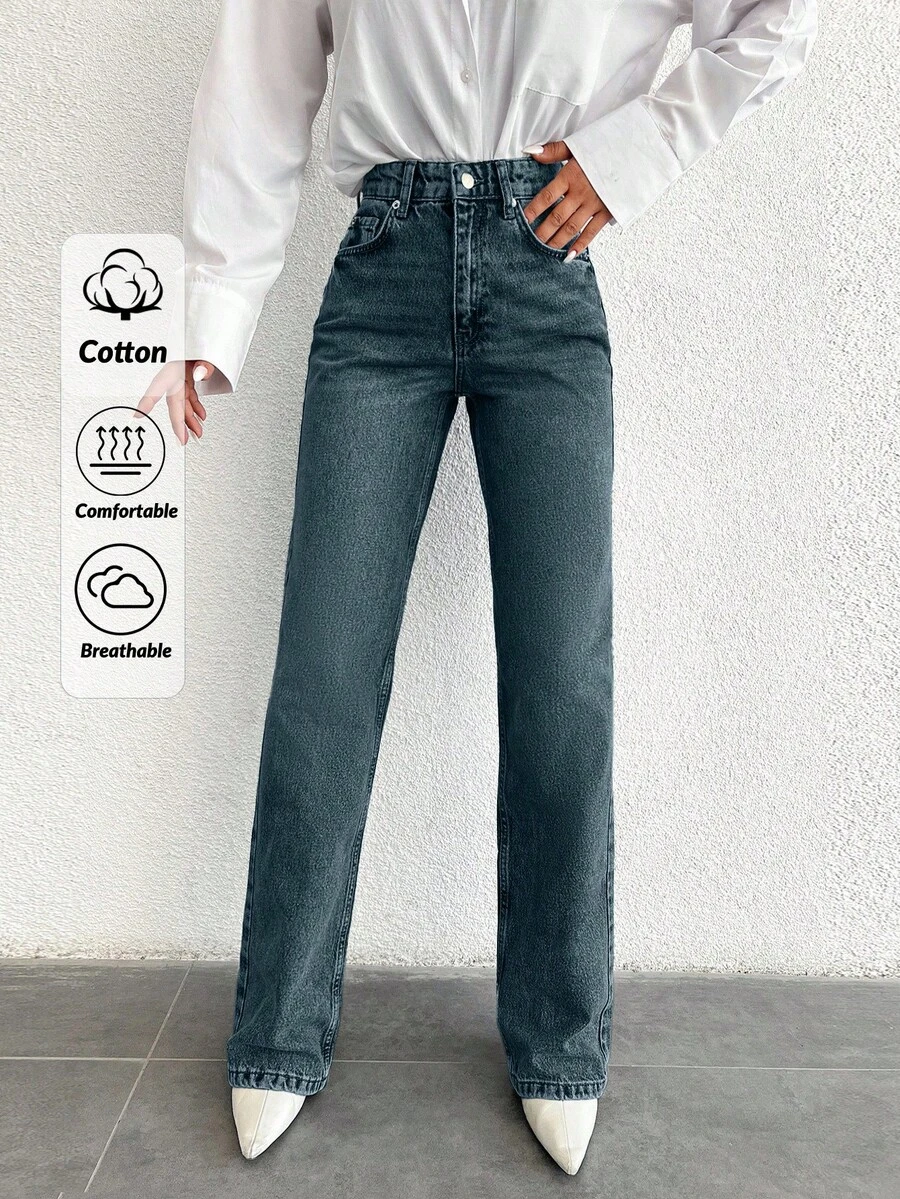 SHEIN Tall Quần jean ống đứng cạp cao thường ngày - Màu xanh bụi bặm - Xem 1