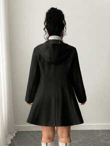 Elenzga 加大码休闲修身杏色翻领连帽羊毛混纺外套 - 黑色 - 查看 2