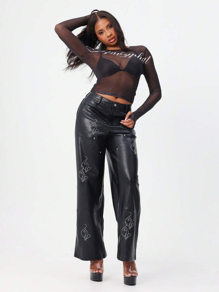 BABYPHAT Long Sleeve Sheer Mesh Top With Baby Script Print Crew Neck Black Transparent Layering Top