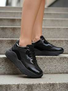 Tenis mujer plataforma chunky diseño urbano moda casual juvenil estilo street suela gruesa cómoda ligera outfit diario calzado femenino versátil diseño moderno plataforma alta look actual fashion sneakers urbanos dama - Negro - Ver 1