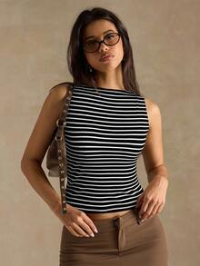 SHEIN BAE 女士条纹修身休闲度假背心 - 黑色 - 查看 4