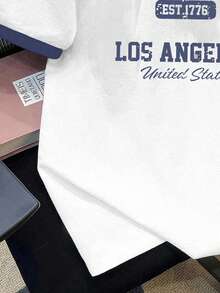 Manfinity Joysei Men's Navy Blue & White Contrast Letter Print Short Sleeve T-Shirt - White - View 7