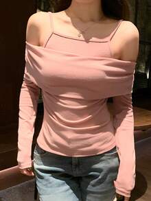 DAZY 女款休閒純色露肩長袖T恤外出上衣 - 粉色 - 查看 2