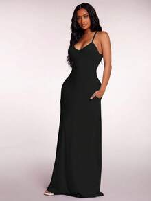 Radiana 女士性感优雅飘逸A字黑色吊带连衣裙，露背长裙，适合海岛度假、海滩、约会、派对，舒适休闲居家/日常穿着。 - 黑色 - 查看 1