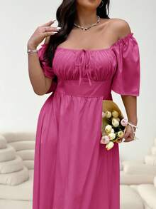 Solflare Plus Size Fuchsia Long Sleeve Dress, Spring/Summer - Hot Pink - View 6