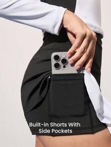 CourtClass 女士高尔夫球衫及裙子套装，休闲优雅高尔夫球衫长袖上衣及高尔夫/网球裙 - 黑與白 - 查看 3