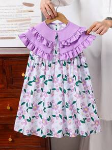 Emery Rose Kids 小女孩碎花彼得潘领修身连衣裙假日装扮 - 紫色 - 查看 4