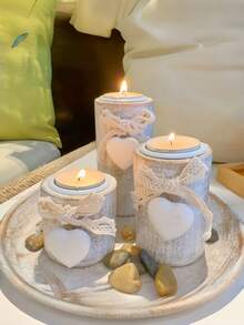 Weißer Holz Kerzenhalter Set, Teelichthalter, süße dekorative Holzschale mit Teelichthaltern und dekorativen Steinen für gemütliche Atmosphäre, Holz Kerzenständer Hochzeit Jahrestag Muttertags Geschenk, Party Dekoration - Weißes Kerzenhalter-Set - Übersicht 7