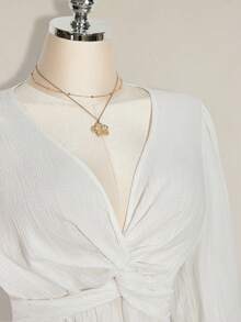 SHEIN ICON Plus Size Women Twist Knot Textured Black Lantern Sleeve Top - White - View 2