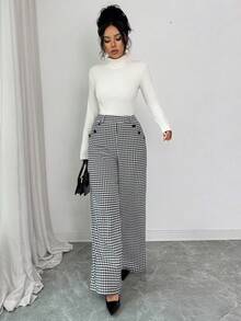 Elenzga 女士纽扣设计千鸟格阔腿宽松优雅裤 - 彩色 - 查看 5