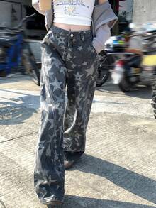 DAZY 女士水洗五角星印花街头复古韩版休闲宽松牛仔裤 - 藍色 - 查看 5