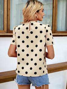 EMERY ROSE Women's Polka Dot Print Ruffle Collar Short Sleeve Blouse, Spring/Summer - Apricot - View 2