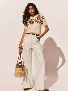 Poéselle 女士印花休闲百搭通勤短袖针织衫，米色花卉刺绣针织衫 - 短袖复古套头衫，适合日常和工作穿着 - 杏色 - 查看 5