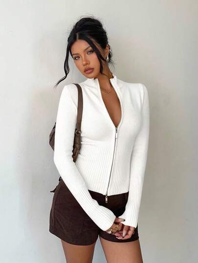 Aloruh Women's Casual Turtleneck Ribbed White Zip-Up Long Sleeve Sweater Cardigan, Suitable For Everyday Wear And Sports, Autumn/Winter