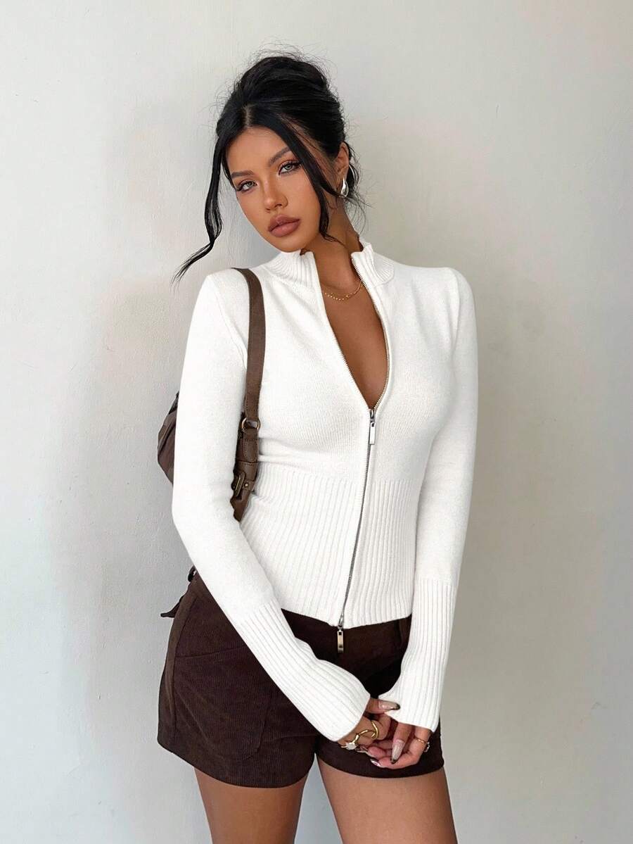 Aloruh Women's Casual Turtleneck Ribbed White Zip-Up Long Sleeve Sweater Cardigan, Suitable For Everyday Wear And Sports, Autumn/Winter - White - View 1