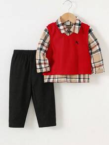 Set 3 piese ținute casual pentru bebeluși băieți: Vestă roșie culoare solidă, Vestă cu imprimeu de cai, Cămașă în carouri, Pantaloni casual negri, Potrivit pentru petrecere de ziua de naștere, petrecere de seară, spectacol, nuntă, petrecere baby shower, botez, sărbătoarea primei aniversări. Haine pentru bebeluși băieți de 3 ani cu mânecă standard. Seturi pentru bebeluși băieți de 3 ani. Set rochii pentru bebeluși băieți de 3 ani. Seturi de haine pentru bebeluși de 3 ani. - Multicolor - Vizualizare 2