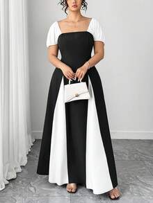 SHEIN Tall CURVE Plus Size Women's Elegant Contrast Color Tie Waist Square Neck Puff Sleeve A-Line Dress - Multicolor - View 4