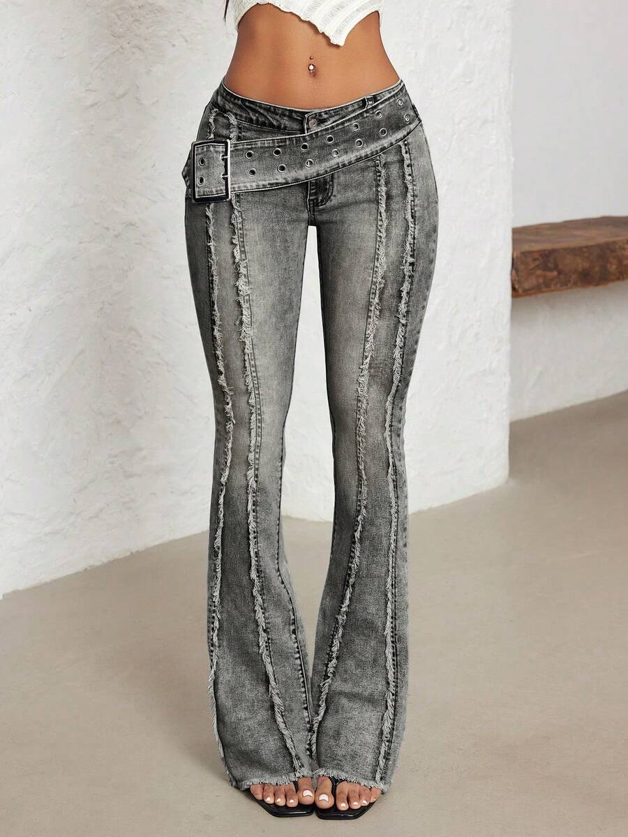 Jeanoix Wide Waistband Eyelet Flare Leg Low Rise Jeans