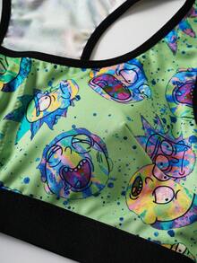 Rick and Morty X SHEIN 黑色酷炫卡通图案舒适可拆卸软杯文胸内裤女士内衣套装 - 綠色 - 查看 5