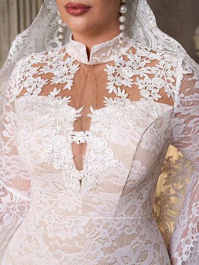 Aureia Plus Size Elegant Luxurious Embroidered Elastic Lace Sheer Flare Sleeve Mermaid Hem Dress, Suitable For Wedding, Party, Vacation, Bridal Gown, Bride Dress